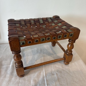 Rustic Wooden Stool with Woven Leather Seat | Handmade Vintage Footrest | Small Wooden Accent Chair | Rustic Home Decor | 22x30x24cm