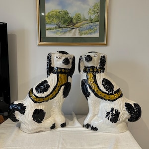 Large Antique Staffordshire Spaniel Dogs, Black & White Pair, 40x31cm, Decorative Mantelpiece Pottery, Collectible Figures