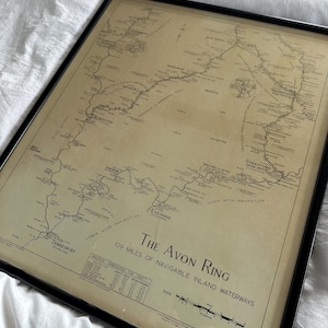 Framed Avon Ring Canal Map – Vintage Waterways Wall Art – Black Frame 42x49cm – Narrowboat Decor – UK Canal System Chart