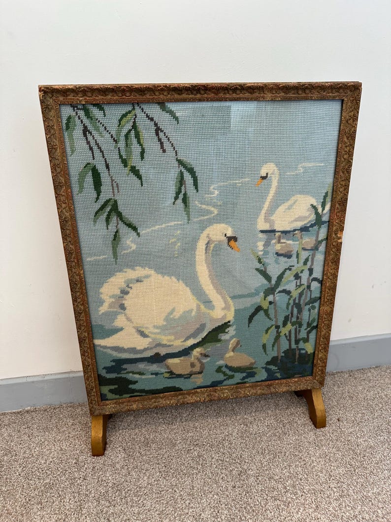Vintage Swan Tapestry Fire Screen | Needlepoint Panel in Ornate Gold ...