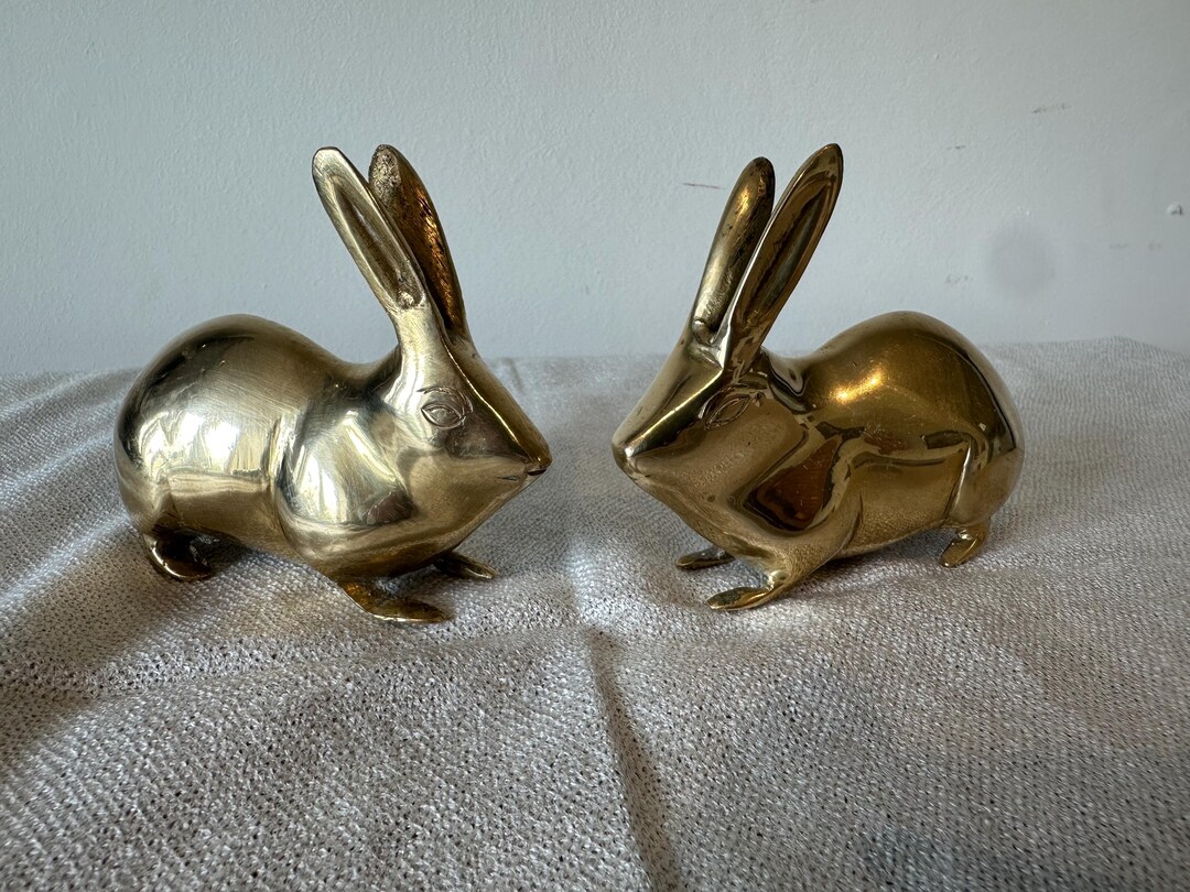 Pair of Solid Brass Rabbits – 10x8cm – Vintage Animal Figurines – Heavy ...