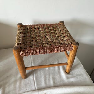 Vintage Wooden Stool & Woven Top | Rustic Patinated Wood | Strong Weaving | Solid Small Seat | Side Table | Plant Stand | 30x27cm, 25cm Tall