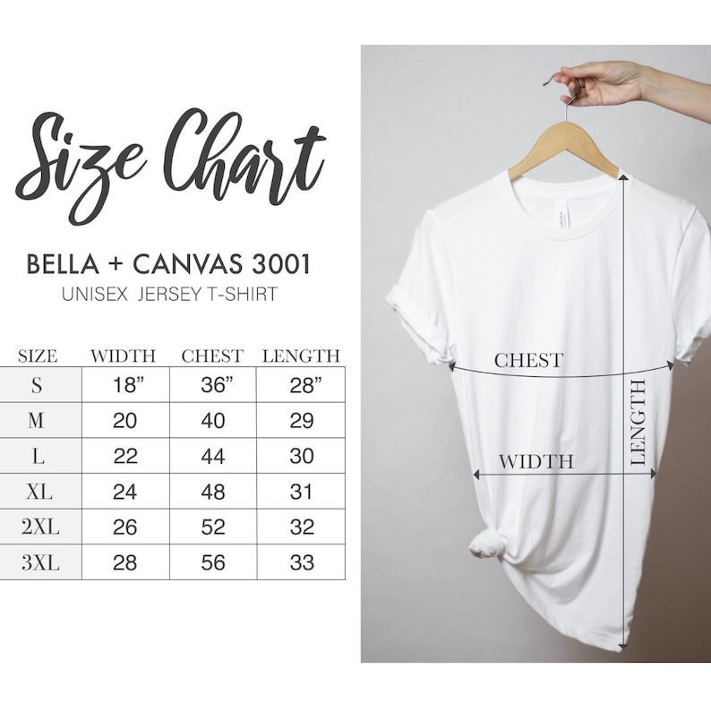 Pu&ograve; includere: Tabella delle taglie per t-shirt in jersey unisex Bella + Canvas 3001. La tabella mostra le misure in pollici per larghezza, petto e lunghezza per le taglie S a 3XL.
