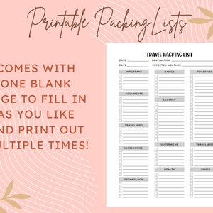 Printable Packing List Travel List Instant Download Vacation List Road ...