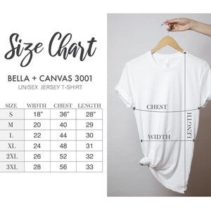 Op de afbeelding: Maattabel voor Bella + Canvas 3001 unisex jersey t-shirt. De tabel toont de breedte, borst en lengte maten in inches voor maten S tot 3XL.