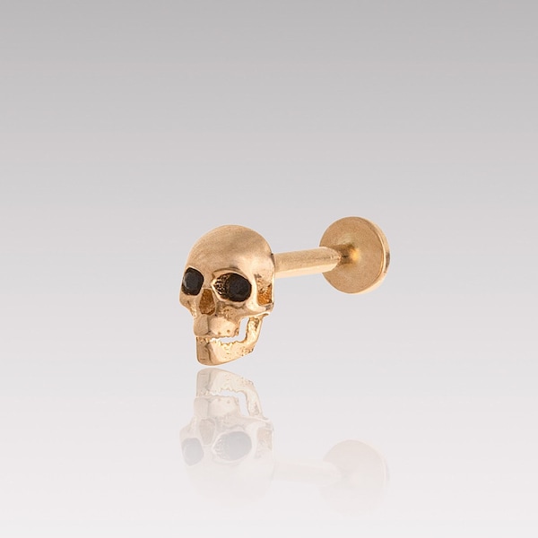 14K Solid Gold Skull Piercing, Minimalist Tragus Piercing, Gold Stud Piercing, Stud Ear Piercing, Skull Stud Earring, Halloween Gift, Unisex