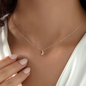 Minimalist Sparkly Moon Necklace, 14K Solid Gold Crescent Moon Pendant, Micro Paved Small Moon Necklace Gold, Women&#39;s Christmas Gift Jewelry
