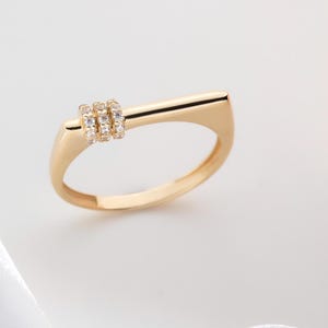 14K Solid Gold Flat Top Bar Ring | Stackable Square Band Ring with Cubic Zirconia Detail | Dainty Geometric Jewelry | Mother's Day Gift