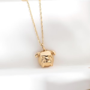 14K Gold Dog Face Necklace | Minimalist Dog Charm Necklace for Women | Mother's Day Gift for Pet Mom, Cute English Bulldog Jewelry