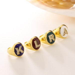 14K Gold Enamel Initial Ring • Solid Gold Letter Ring for Women • Personalized Real Gold Signet Ring • Birthday Gift for Her, Enamel Jewelry