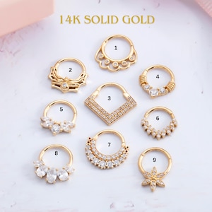 Sparkly Helix Hoop Earrings in 14K Gold, Real Gold Hinge Clicker Earrings, Septum Clicker with Gemstones, Nose Rings, 18g Cartilage Piercing