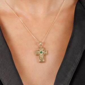 14K Gold Filigree Cross Necklace with Emerald • Solid Gold Emerald Cross Necklace • Mother&#39;s Day Gift • Antique Looking Religious Jewelry