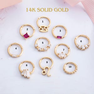 Fine Gold Cartilage Hoop with Stones, 14K Solid Gold Hinged Hoop Earrings, Luxury Piercing for Helix, Daith & Tragus, 18G Clicker Nose Rings