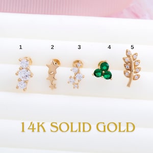 Internally Threaded Flat Back Earrings - 14K Screw Back Stud Earring with Gemstones - Solid Gold Piercing, 18G Tragus & Cartilage Jewelry