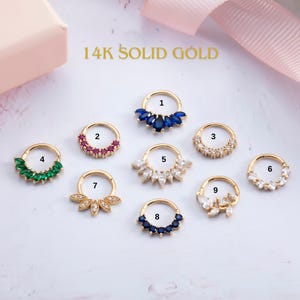 14K Gold 18G Hinged Clicker Hoop For Helix, Solid Gold Septum Ring, Cartilage Hoop with Gemstones, Sparkly Nose Piercing for Women