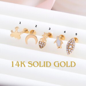 Internally Threaded Flat Back Earring, 14K Solid Gold Screw Back Earrings, 18 Gauge Cartilage Piercing, Tragus Jewelry for Mother's Day Gift