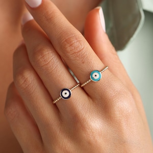 Dainty Evil Eye Ring in 14K Solid Gold • Stackable Beaded Band Nazar Ring • Turkish Blue Eye Jewelry for Women • Good Luck Gift for Her