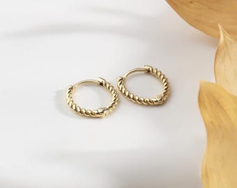 Aros trenzados de oro macizo de 14 quilates - Aros con diseño de cuerda delicada y piedra preciosa - Aros trenzados minimalistas