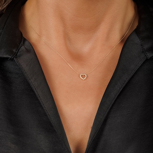 14K Gold Offene Herz Halskette • Pave Diamant Herz Halskette • Kleiner Herz Anhänger • Solid Gold Liebe Schmuck für Sie • Muttertagsgeschenk für Mama