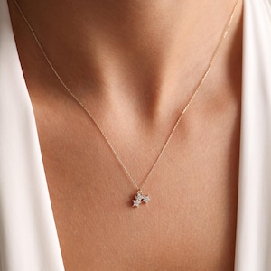 Dainty Triple Star Necklace 14K • Three Star Pendant Necklace • Solid Gold Necklace with Pave Star Charms • Christmas Gift for Best Friends
