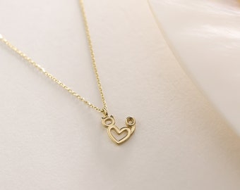 14K Solid Gold Heart Necklace, Minimalist Heart Necklace, Gold Open Heart Pendant Necklace, Dainty Love Necklace, Valentines Day Gift