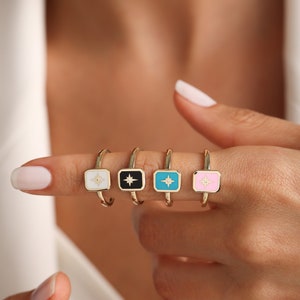 14K Gold Enameled North Star Ring, Solid Gold Compass Ring, Pink, Black, White Star Signet Ring, Jewelry for Mother&#39;s Day, Graduation Gift