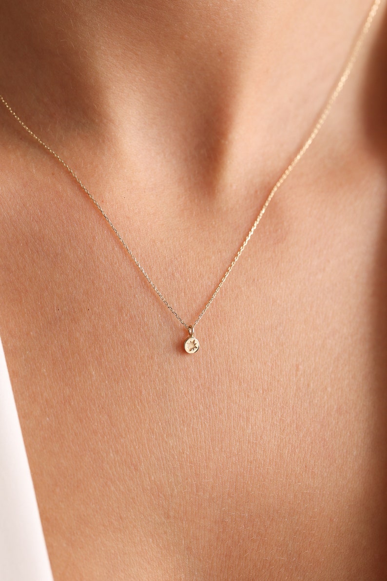 14K Solid Gold Minimalist Compass Necklace, Dainty Round Necklace, Tiny Gold Necklace, Everyday Jewelry, Gift For Her, Valentines Day Gift image 2