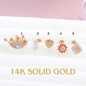 14K Solid Gold Screw Back Earring, Flat Back Stud Earring Cartilage, Daith & Tragus, 18G Labret Piercing Jewelry for Women, Birthday Gift