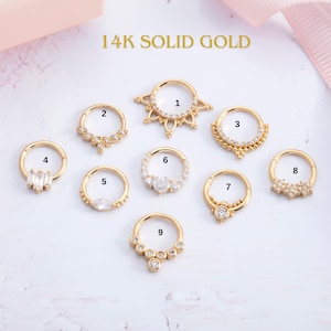 Aro para piercing de hélix con circonita cúbica en oro de 14 quilates. Delicados aros de clic para hélix, nariz y tabique. Piercings de cartílago de calibre 18 para mujer. Joyería de moda.