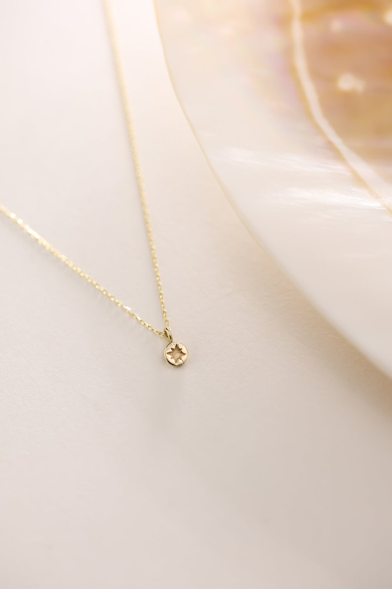 14K Solid Gold Minimalist Compass Necklace, Dainty Round Necklace, Tiny Gold Necklace, Everyday Jewelry, Gift For Her, Valentines Day Gift image 1
