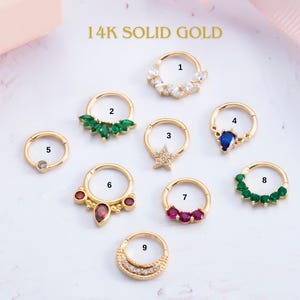 14K Gold Clicker Hoop Earrings, Unique Design Daith & Helix Earrings, Sparkly Septum Piercings, Solid Gold Nose Rings, 18G Cartilage Jewelry