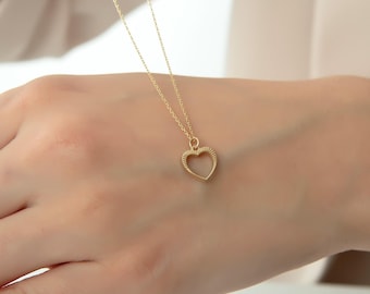 14K Solid Gold Open Heart Necklace, Minimalist Heart Necklace for Daily Wear, Mother's Day Gift, Dainty Love Jewelry for Girlfriend Birthday