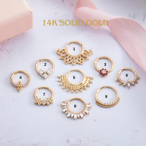 Aros de hélice de oro macizo de 14 quilates, calibre 18, de 10 mm, con cierre de clic para piercings daith, tabique nasal, aros con bisagra y gemas, y aretes para cartílago.