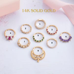 Dainty Helix Hoop with Gemstones,  14K Gold Septum Clickers for Women, Solid Gold 18G Nose Rings, Cartilage Piercing Jewelry for Daith
