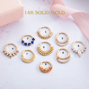14K Gold Helix Clicker Hoops, Hinged Clicker Earrings, 18 Gauge Septum Ring, Solid Gold Nose Ring with Gemstones, 18G Cartilage Piercings
