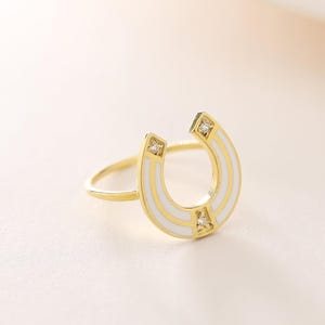 14K Gold Horseshoe Ring • Solid Gold White Enamel Horse shoe Ring • Western Jewelry • Good Luck Gift • Valentine Gift for Equestrian Women