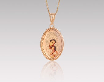 Collar de la Virgen María en oro macizo de 14 quilates • Colgante de María y el Niño Jesús • Collar de la Virgen con el Niño, Medalla de la Santa Madre • Regalo único para el Día de la Madre