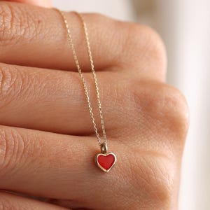 14K Solid Gold Minimalist Red Heart Necklace, Dainty Enamel Heart Necklace, Love Jewelry For Women, Perfect Mother's Day Gift for Mom