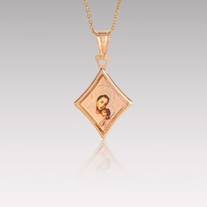 14K Solid Gold Diamond Pattern Pendant With Virgin Mary, Religious Pendant For Women, Protection Necklace,Holy Mother and Baby Jesus Pendant
