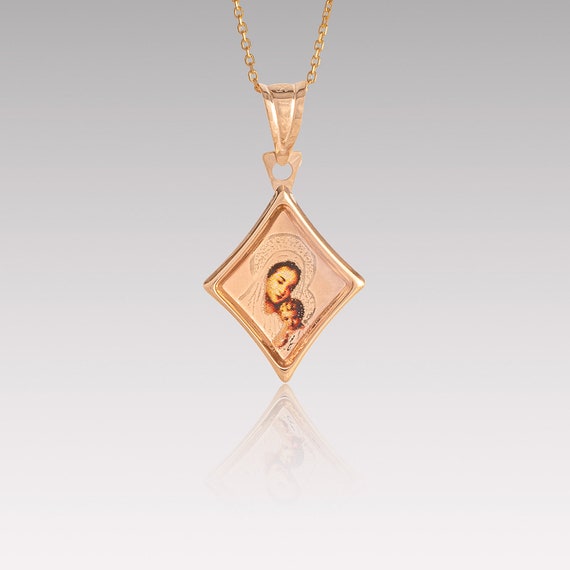 14K Solid Gold Diamond Pattern Pendant With Virgin Mary, Religious