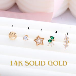 Internally Threaded Gold Earrings - Screw Flat Back - 14K Solid Gold Cartilage Piercing Jewelry, Tragus Earring for Women, 18G Labret Stud