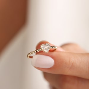 14K Solid Gold Heart Ring, Micro Pave Heart Ring, Dainty Love Ring, Diamond Heart Jewelry, Promise Ring, Mother&#39;s Day Gift, Birthday Gift