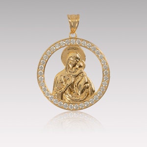 14K Gold Virgin Mary Medal Pendant • Solid Gold Mary and Baby Jesus Necklace • Round Mother Of God Pendant • Madonna And Child Jewelry