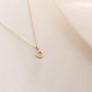14K Gold Minimalist Compass Necklace, Dainty Solid Gold Round Necklace, Tiny Star Charm Necklace, Everyday Jewelry, Mother&#39;s Day Gift