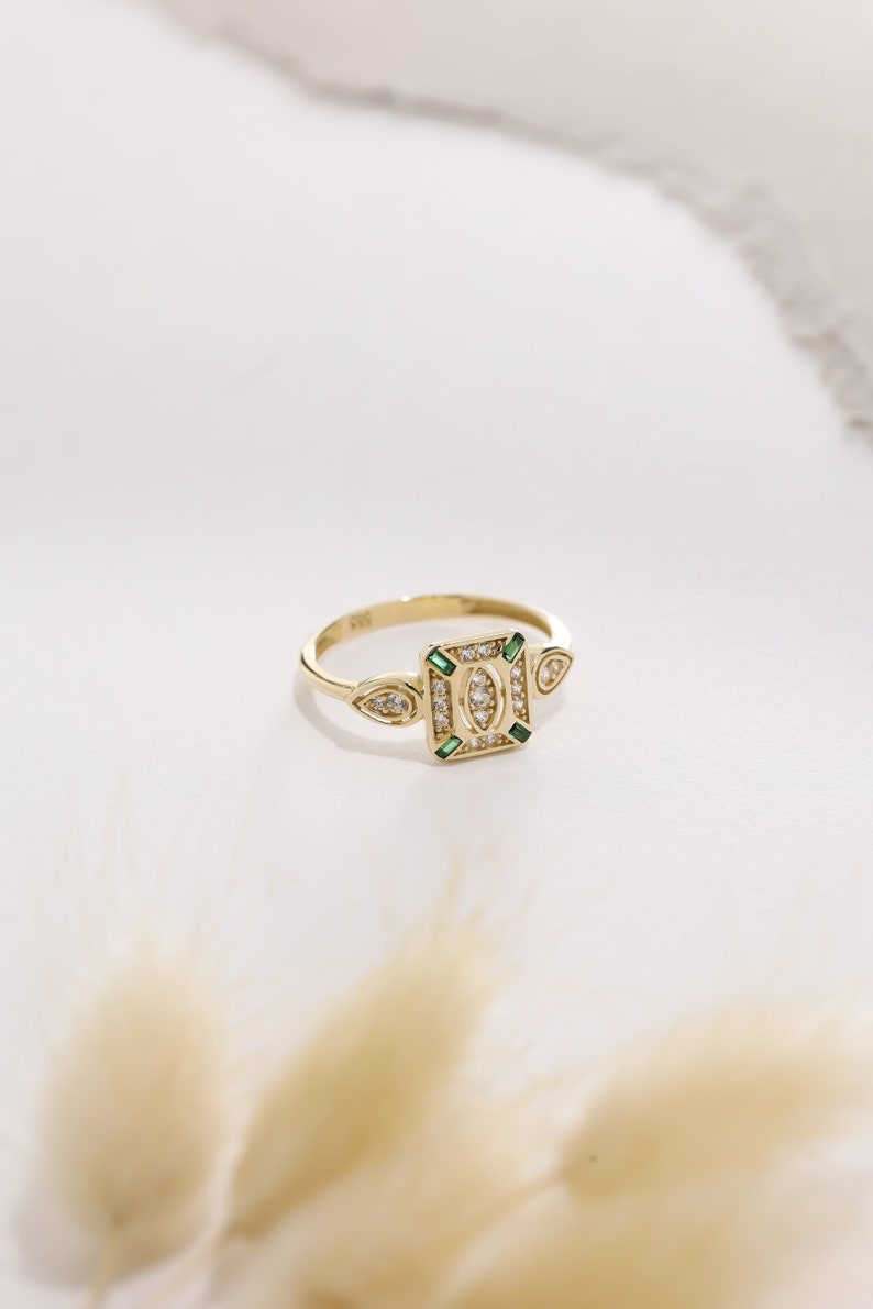 14K Solid Gold Emerald Ring, Gold Square Ring , Delicate Stacking Ring for Women, Handmade Jewelry,Statement Art Deco Jewelry,Valentines Day image 2