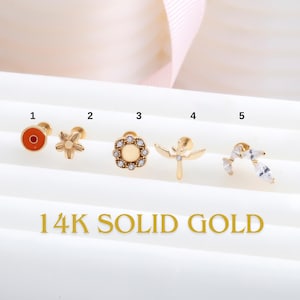 Screw Flat Back Stud Earring, 14K Gold Internally Threaded Earrings, Mother's Day Gift, 18G Tragus Piercing Jewelry 14K, Cartilage Jewelry