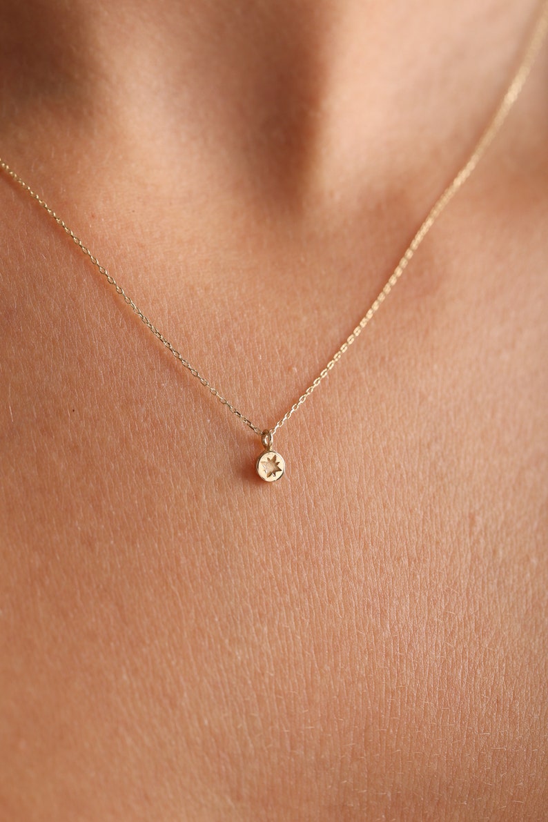 14K Solid Gold Minimalist Compass Necklace, Dainty Round Necklace, Tiny Gold Necklace, Everyday Jewelry, Gift For Her, Valentines Day Gift image 4