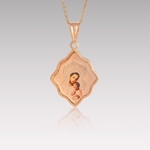 14K Solid Gold Madonna Necklace, Religious Jewelry, Virgin Mary, Christian Necklace, Holy Virgin, Holy Mother And Baby Jesus Necklace