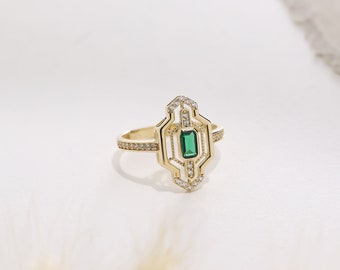 14K Solid Gold Emerald Solitaire Ring, Vintage Emerald Diamond Ring, Statement Art Deco Jewelry, Delicate Stacking Ring for Women, Christmas