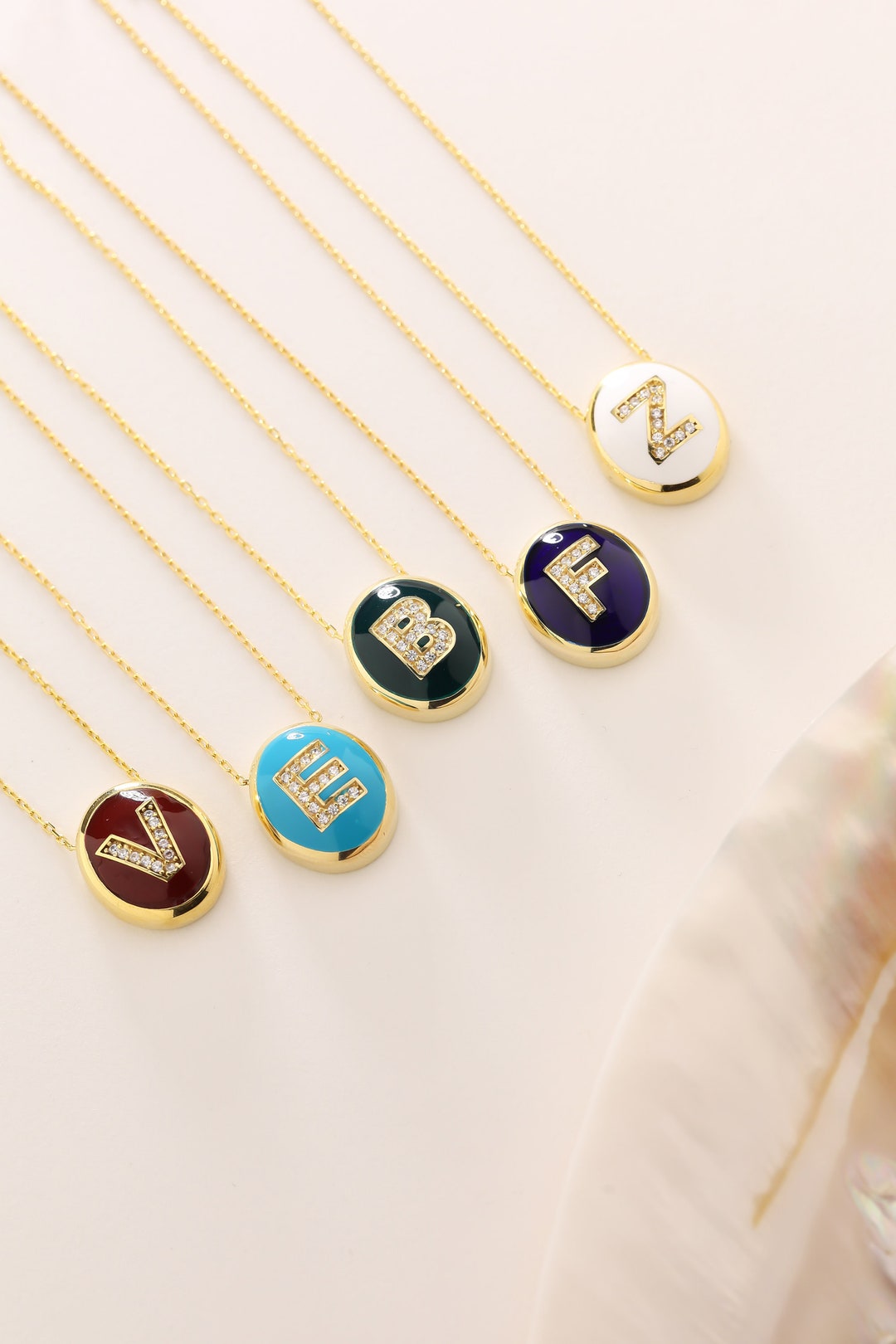 14K Solid Gold Enamel Letter Necklace Solid Gold Letter Etsy